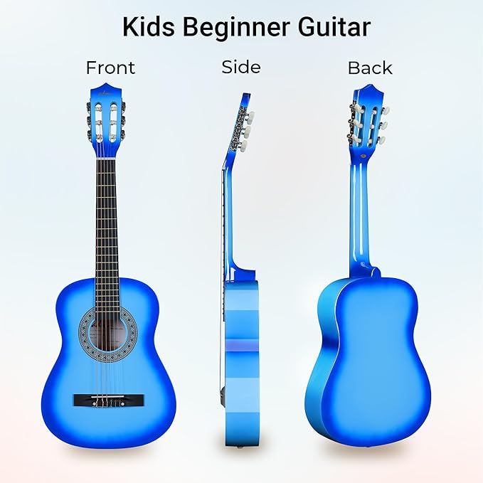 ADM Beginner Acoustic Classical Guitar 34 Inch Nylon Strings Wooden Guitar Bundle Kit for Kid Boy Girl Student Youth Guitarra Online Lessons with Gig Bag, Strap, Tuner, Strings, Picks, Blue