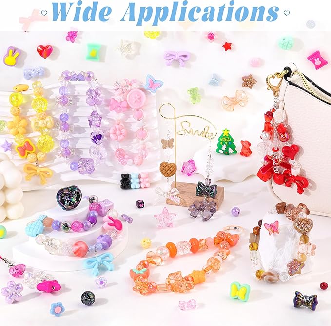 Assorted 500PCS 10 Colors Mixed Acrylic Beads for Bracelet Making, Flower Bow Butterfly GummyBear Aesthetic Bracelet Charms,Cute Beads for Jewelry Making DIY Necklace Keychain Phone Charm