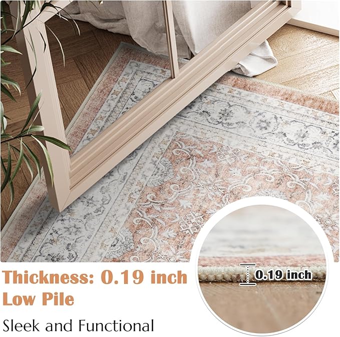 jinchan Washable Area Rug 3x5 Entryway Low Pile Boho Floral Print Rug Faux Wool Soft Indoor Doormat Stain Resistant Non-Slip Ultra-Thin Rug Kitchen Living Room Bedroom Dining Room Office Orange