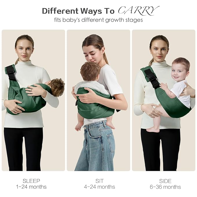 Baby Sling Carrier, Toddler Carrier Sling with Double Safety Buckle and Adjustable Shoulder Strap(7-30lbs), Baby Carriers One Size Fits All, Dark Green