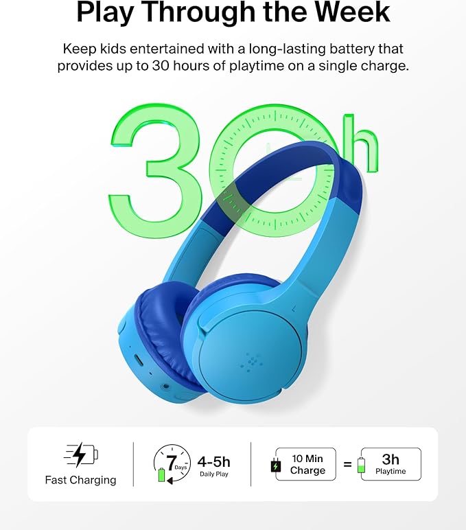 Belkin SoundForm Mini - Wireless Bluetooth Kids Headphones, 30H Battery, 85dB Safe Volume Limit, Built-in Microphone - Toddler On-Ear Earphones for iPhone, iPad, Fire Tablet, Ideal for School - Blue