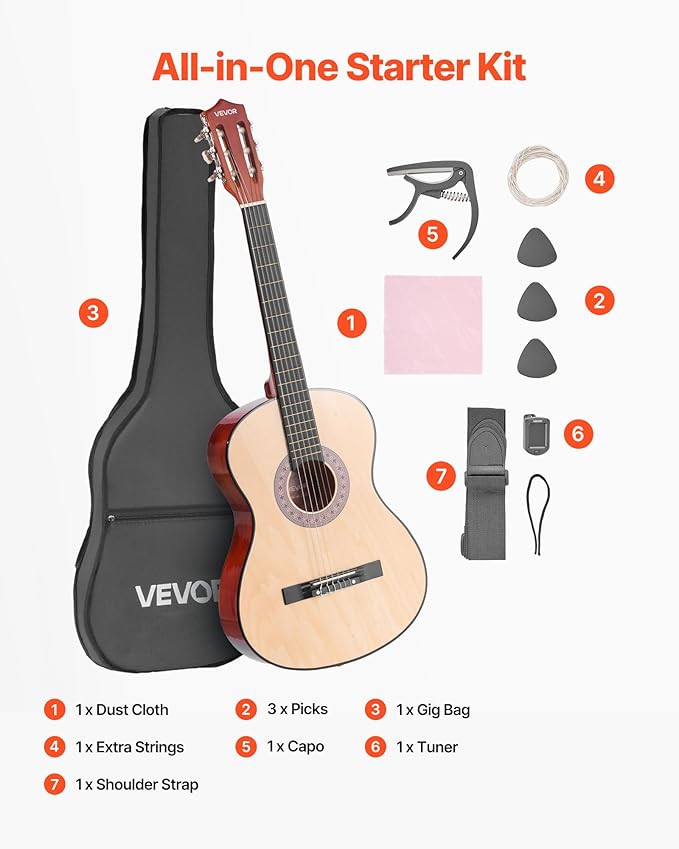 VEVOR Acoustic Guitar, Classical Guitar Starter Kit for Beginners, with Nylon Strings, Basswood Guitar, for Kids Adults Girls Boys Students