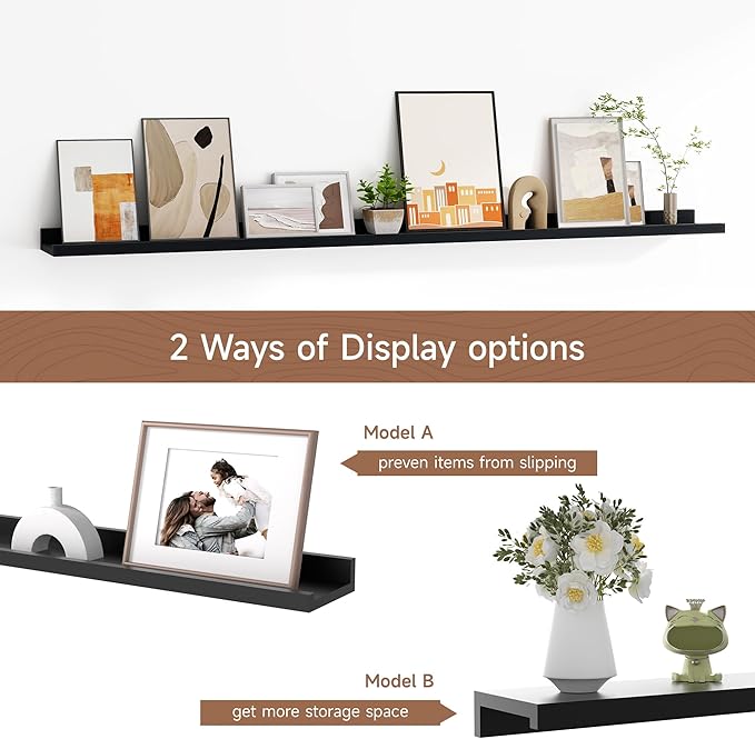 Floating Picture Ledge Shelves for Wall Set of 2, 55 Inches Picture Shelf with Ledge, Nursery Book Shelf for Toys Storage Kids Bookshelf Wall Mounted Living Room Bedroom Decor Frames, Black