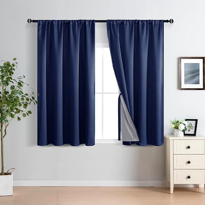 XWZO 100% Blackout Curtain Panels - Thermal Insulated Black Liner Rod Pocket Curtains, Noise Reducing Heat Blocking Drapes for Hall and Studio Windows with Tiebacks, Navy Blue, W42 x L45, Set of 2