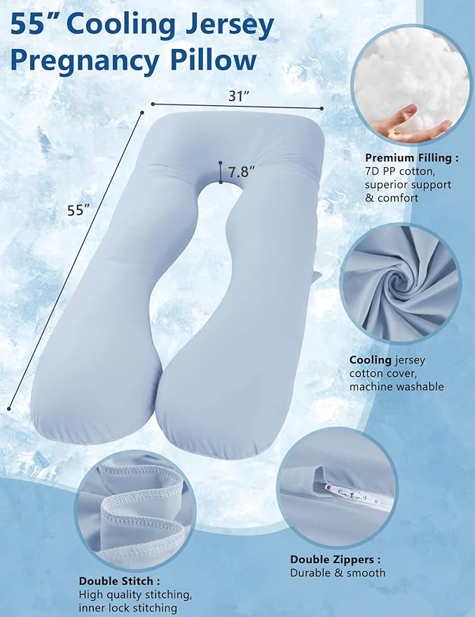 Meiz Pregnancy Pillow, Cooling Pregnancy Pillows for Sleeping, Maternity Pillow for Pregnant Women, Pregnancy Body Pillow with Cooling Jersey Cotton Cover, Blue
