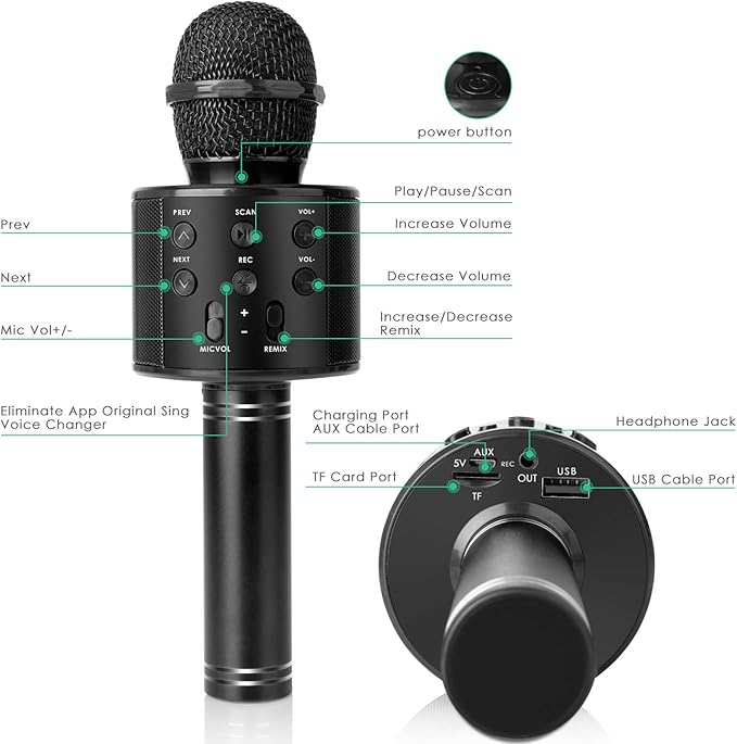 KIDWILL Wireless Bluetooth Karaoke Microphone for Kids and Adults, 5-in-1 Portable Handheld Karaoke Mic Speaker Player Recorder with Adjustable Remix FM Radio for Girls Boys Teens Adults