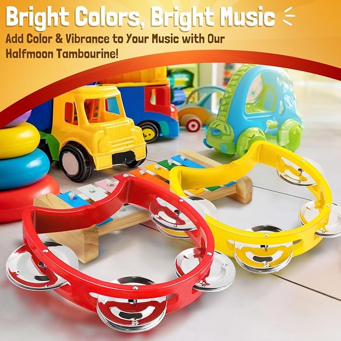Flexzion Tambourine Hand Bell Percussion Musical Instruments Set of 2 Pack (Red /Yellow), Plastic Music Instrument Half Moon Mini D Handheld Shaker with 4 Pairs Jingle Bells