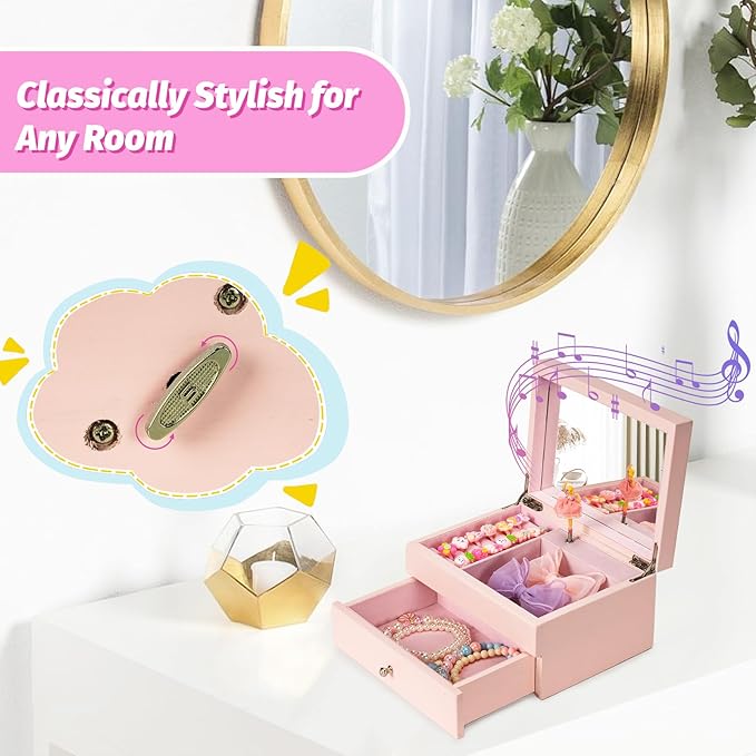 Miratino Music Jewelry Box Gifts for Girls, Wooden Kids Jewelry Boxes & Organizers with Spinning Dancer, Musical Jewelry Storage Gift for Little Girl Toddler Christmas Birthday New Year (Pink)