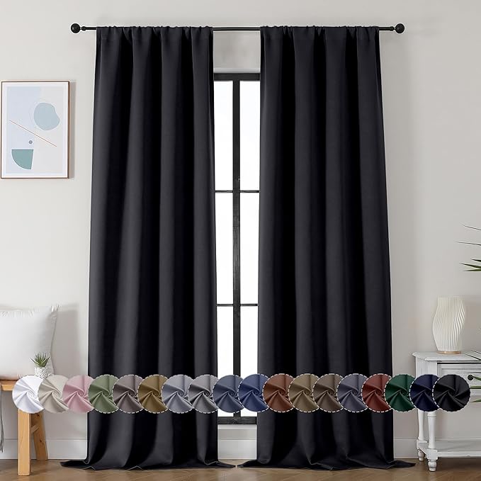 Simplebrand Ava Halloween Black Blackout Curtains for Bedroom 96 Inches Long 2 Panels, Solid Thermal Insulated, Energy Saving Living Room Window Treatment Curtains Blackout Drapes, W40 x L96 Inch