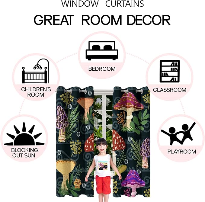Mushrooms Curtain Panels for Kids Room 2Pcs, Green Cartoon Blackout Curtains 84 inch Length for Kids Bedroom Nursery Room Grommet Top Thermal Insulated Curtains, Dinosaur Print, 82" x 84"