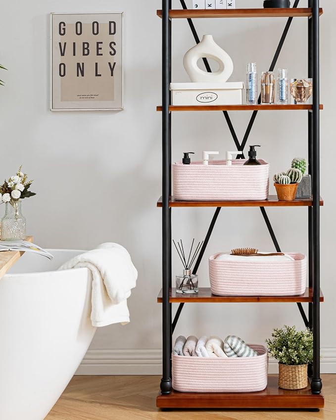 KALLAX Small Woven Basket, 13.5 x 9.5 x 5 Inches, Storage Basket for Organizing, Cute Small Rope Shelf Closet Cube Storage Bins Baskets for Shelves, Dog Toy Gift Baskets Empty, 3 Pack Light Pink