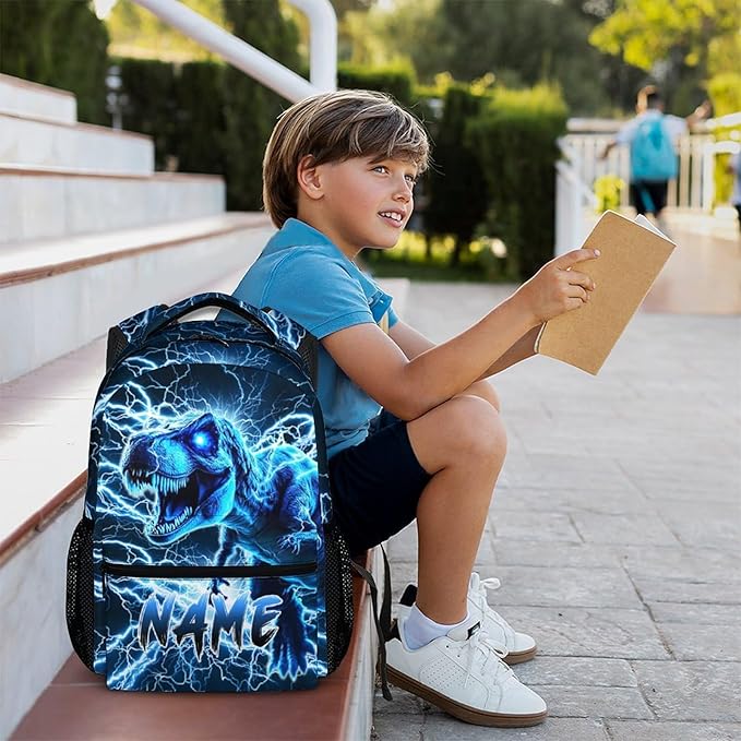 Dinosaur Backpack for Boys, Kids Custom Lightning Bookbag Gift with Name for Kindergarten Primary Senior Middle, 17 Inch Lightweight Cool Personalized Backpacks for School