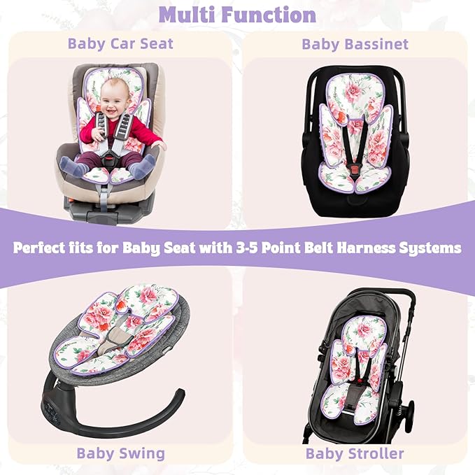 Pea Pod Infant Car Seat Insert 2-in-1 Baby Car Seat Head & Body Support for Newborn Girl Reversible 3 Layer Warm Preemie Carseat Stroller Cushion Headrest with Soft Minky Dot Fabric, Pink Floral