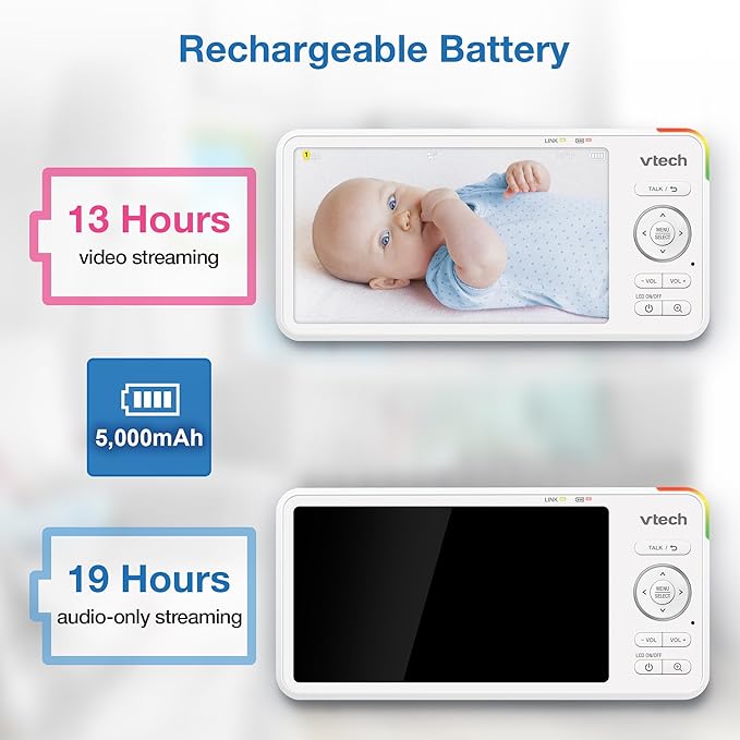 VTech 5.5" IPS Screen 720P Video Baby Monitor with Camera and Audio, Pan-Tilt-Zoom, Night Light, 2-Way Talk, Lullabies, Soothing Sounds, Long Battery Life, No WiFi: Advanced HD Plus