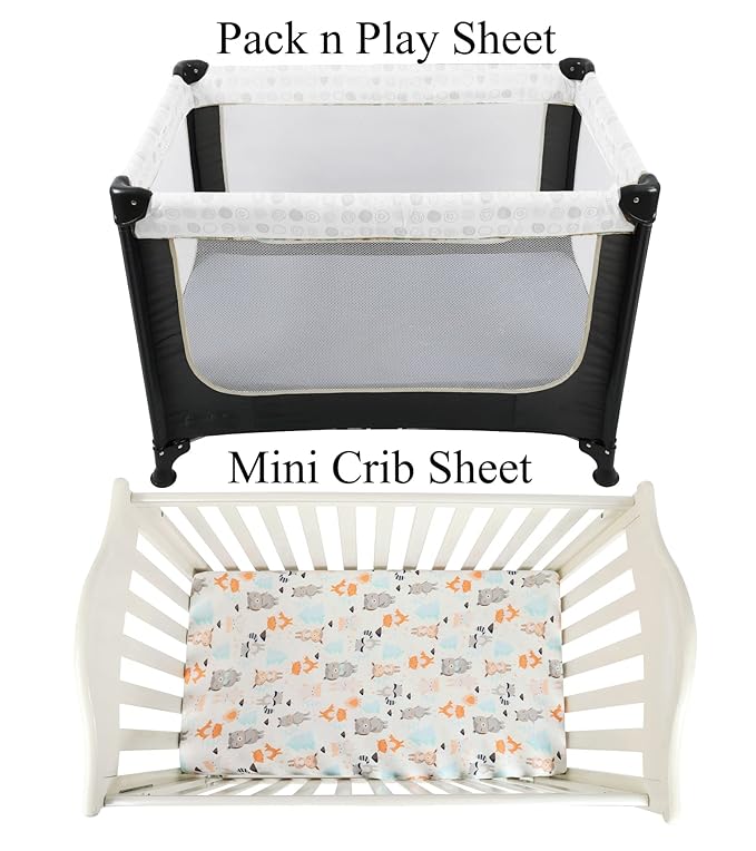 Pack n Play Sheet Stretchy Fitted Portable Mini Crib Sheets Set 3 Pack,Playard Sheets Convertible Playard Mattress Cover,Ultra Soft Jersey Material,Elephant Tiger,Fox & Grey