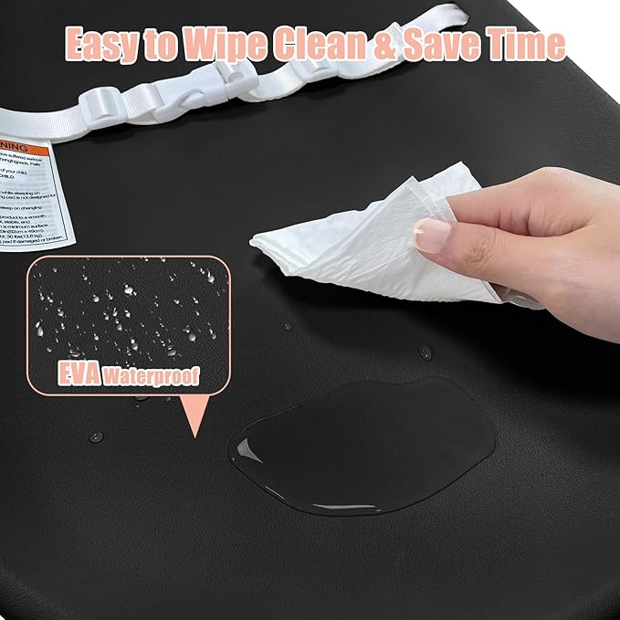 Changing Pad, Wipeable Diaper Changing Pad with Safety Belt for Changing Table, Nursery, Dresser, EVA Non-Slip Baby Changing Table Pad, Black