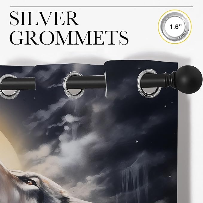 Fantasy Wolf Blackout Curtains for Boys Girl Bedroom Decor,Full Moon Starry Sky Wildlife Retro Thermal Insulated Grommet Drapes Darkening Window Curtain for Living Room Home 84x72 inch