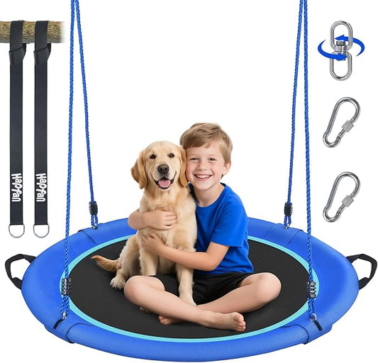 Hapfan 40" Saucer Tree Swing for Kids and Adults, Disc Round Swing for Kids Outdoor with Swivel, UV-Resistant Textilene Fabric, 700 lb Weight Capacity, 9.8 FT Hanging Straps, 2-Year Warranty (Blue)