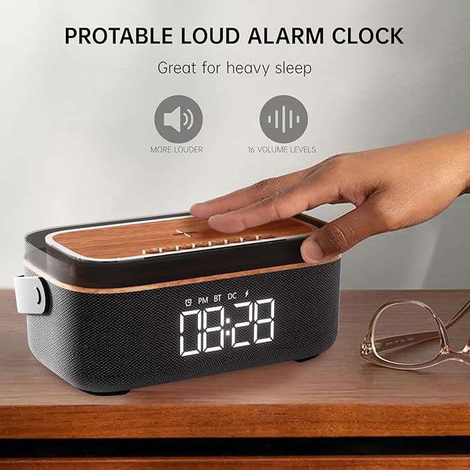 LOVME Alarm Clock Bluetooth Speaker for Bedroom, Bluetooth Stereo Sound Speaker, Fast 15W Wireless Charger, Dimmer, Night Light for Heavy Sleepers, Gift Set, Bedside(Black)