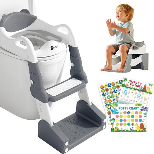3-in-1 Potty Training Toilet, Toddler Toilet Seat with Step Stool, Foldable Potty Ladder with Potty Chart, PU Cushion, Splash Guard, Anti-Slip Steps & Urinal for Boys & Girls, Grey