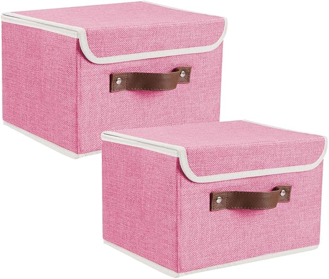 Lucky Monet Storage Bins Boxes with Lids 2 Pack Decorative Storage Boxes Collapsible Fabric Storage Basket Containers Lidded Storage Cube for Organizing Closet Home Office, 10"x 8"x 7" (Pink)