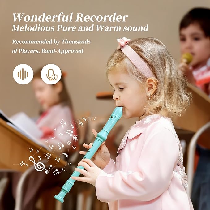 Soprano Recorder for Kids Beginners, German Fingering, C Key, 3 Piece with Cleaning Rod, Bag, Fingering Chart (Lake Green)…