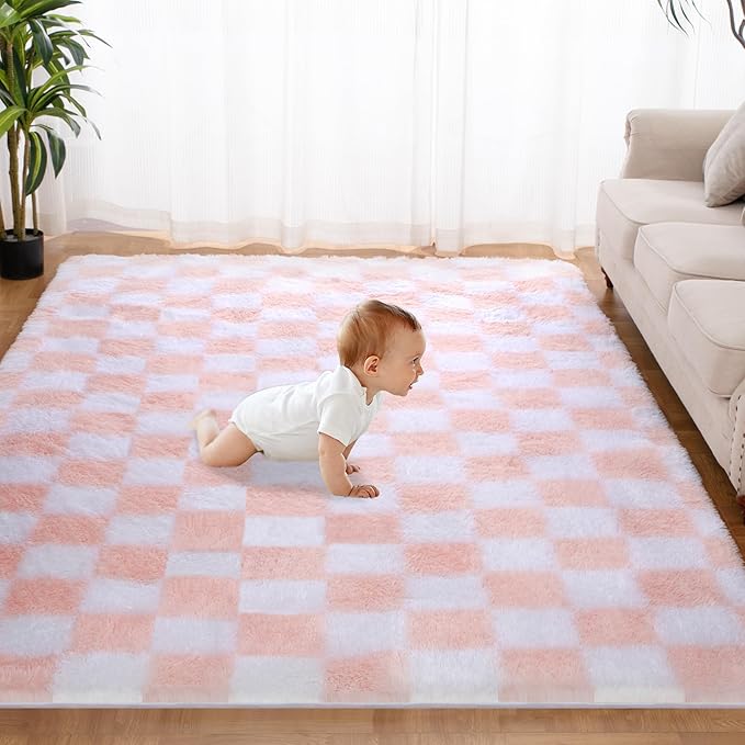 Super Soft Rug for Bedroom, 8x10 Ft Pink and White Area Rug Classic Checkered Shaggy Anti-Skid High Pile Soft Fluffy Rug Fuzzy Carpet for Living Room Bedroom Kids Room Nursery, Dorm Home Decor