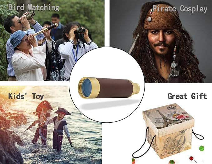 Retro Pirate Telescope 25x30 Spyglass Portable Collapsible Handheld Telescope Zoom Vintage Monocular Classical Collection Compass for Camping Hunting Boating Gift