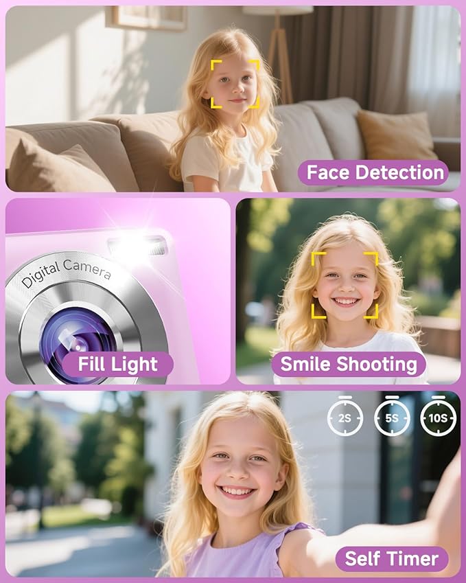 Digital Camera, 44MP FHD 1080P, 16X Zoom, 32GB SD Card, Compact Camera for Kids Teens Adults, Purple