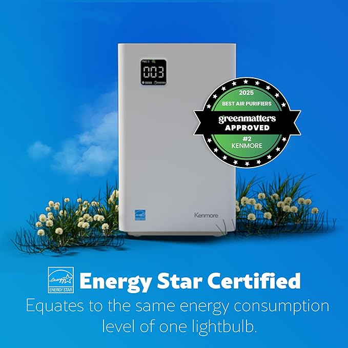 Kenmore PM2010 Air Purifiers with H13 True HEPA Filter, Covers Up to 1200 Sq.Foot, 24db SilentClean 3-Stage HEPA Filtration System, 5 Speeds for Home Large Room, Kitchens & Bedroom, PM2010