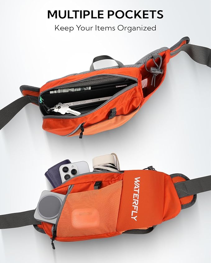 WATERFLY Fanny Pack Waist Bag: Hiking Water Bottle Holder with Strap Waist Pack for Women Men Hydration Hip Packs for Running Walking Traveling-Orange