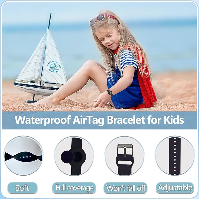 Waterproof Bracelet for AirTag Kids, Personalized Initial Letter Hidden Holder Compatible with Air Tag, Silicone Case for Airtag Adjustable Anti-Lost GPS Tracker for Toddler Child Elder, T