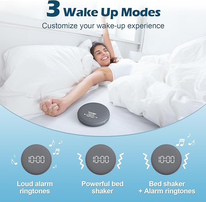 REACHER Super Loud Alarm Clock for Heavy Sleepers Adults Teens, Vibrating Alarm Clock Bed Shaker Under Pillow, Rechargeable Battery Powered for Travel, Auto-Dim, Portable