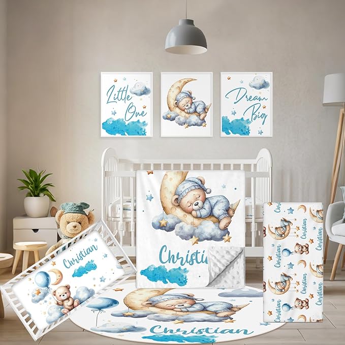 Personalized Baby Bedding Set, 5 Pcs Custom Baby Crib Sets with Name, Toddler Bedding Set for Baby Girls Boys, Blue Bear Double Layer Nursery Bedding Set, Customized Gifts for Infants Kids