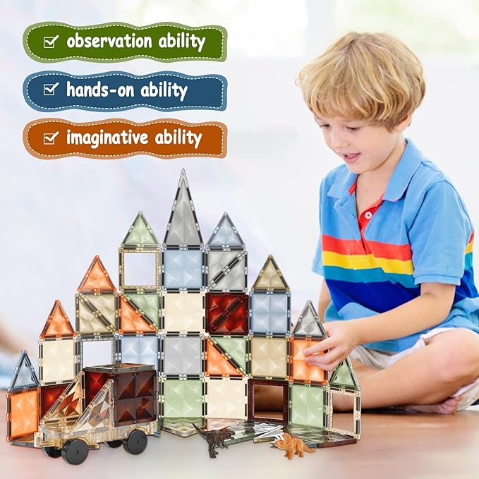3D Magnetic Tiles, STEM Learning and Encourage Imaginative Play Magnetic Blocks, Preschool Puzzle Toys with Dinosaur, Gift for Boys and Girls 3 4 5 6 7 8 Years+