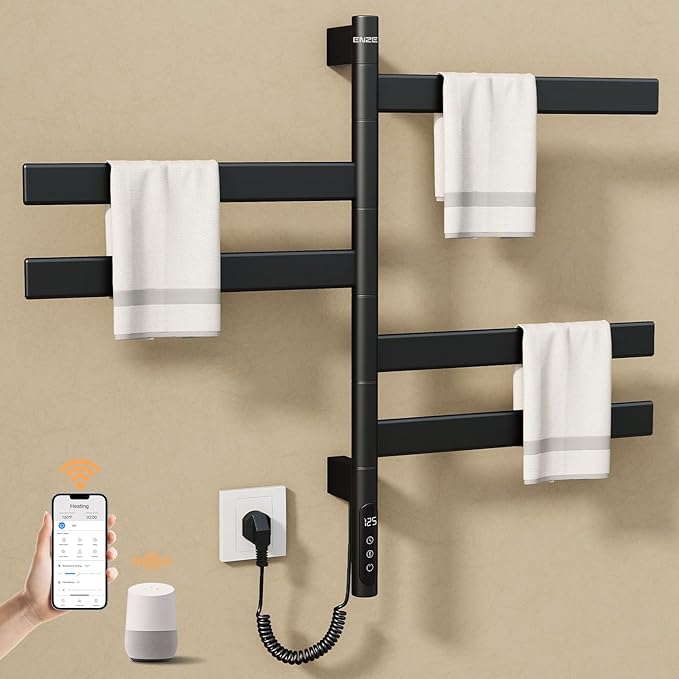 ENZE Smart Rotating Heated Towel Rack for Bathroom, Wall-Mounted Electric Towel Dryer with Swivel Bars, Smart Timer, Low Carbon Steel, IPX5, Plug-in/Hardwired, Towel Warmer with Wi-Fi App Control