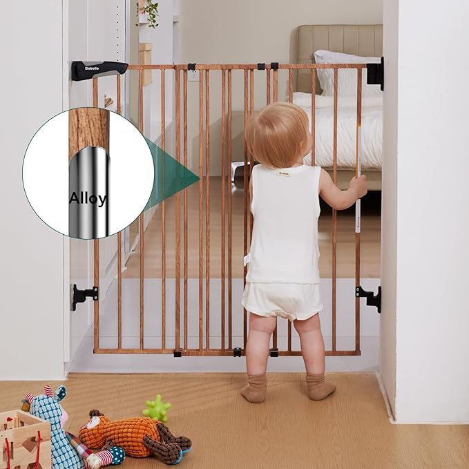 Babelio 34" Extra Tall Baby/Dog Gate with No Threshold Design Walk Thru Door, 26-43" Auto Close Safety Gate for Babies, Elders and Pets, Fits Doorways, Stairs, and Entryways, Brown Wood Pattern