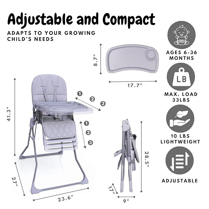 Foldable Baby High Chair with Easy Clean Double-Layer Tray, Adjustable Foot Rest, Safety First 5 Point Harness, Compact Space Saver Baby Feeding Chair Portable for Travel