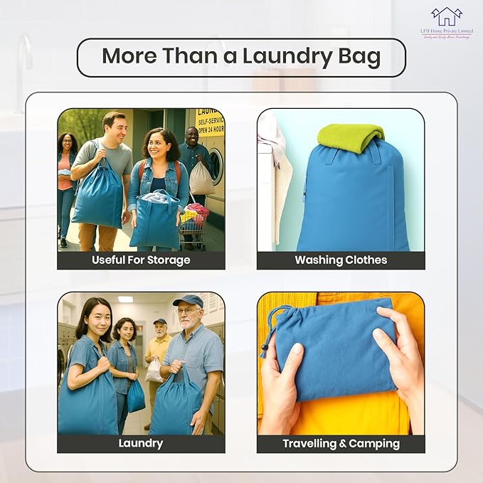LFH Home Cotton Canvas Large Laundry Bag with Handle, Heavy Duty Drawstring Closure Washable Laundry Bags, School Travel, Home, Hotel, College Dorm, Organizer Sack, Toys Clothes 28x40-Sky Blue