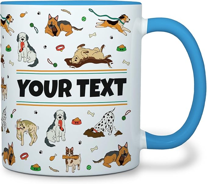 Personalized Mug for Kids - Dogs - Custom Name/Text, Ceramic Hot Chocolate/Cocoa/Coffee Cup for Boys/Girls, Birthday/Christmas/Holiday Gift - 11 oz, Light Blue Handle