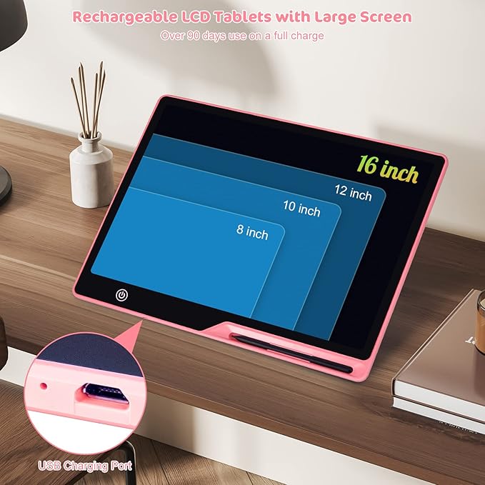 LCD Writing Tablet,16 Inch Colorful Screen Rechargeable Doodle Board Toddler Educational Toys for 3 4 5 6 Years Old Boys Girls Reusable Portable Drawing Tablet Christmas Toys Gifts for Kids (Pink)