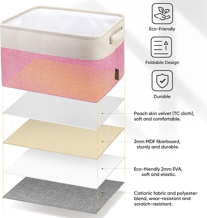 BALEINE 4 Pack Fabric Storage Bins for Shelves, Linen Storage Baskets for Organizing, Decorative Closet Bins for Clothes, Home (Pink, 12"x8"x8")