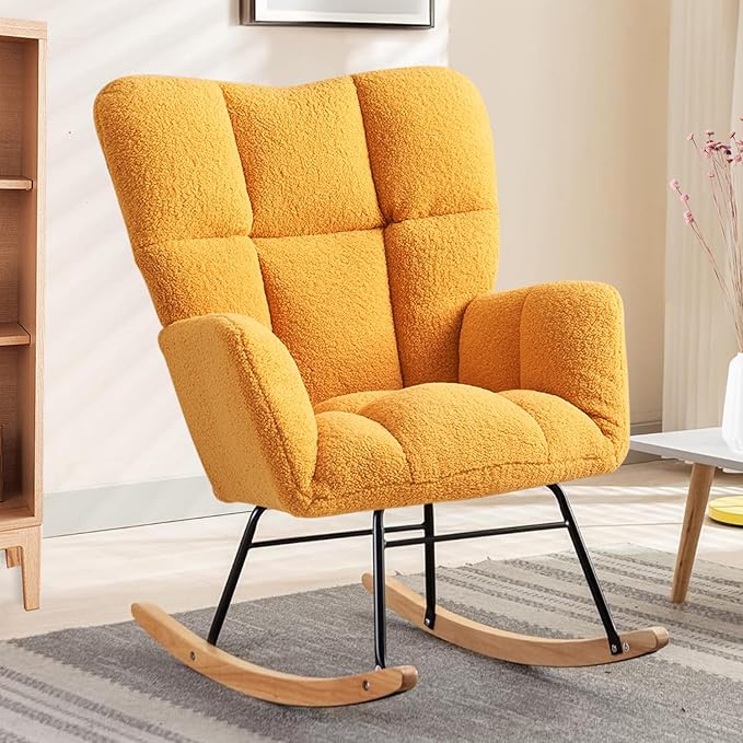 Nursery Rocking Chair, Teddy Upholstered Glider Rocker with High Backrest Armchair, Modern Rocking Accent Chairs for Nursery, Living Room, Bedroom, Offices (Yellow)
