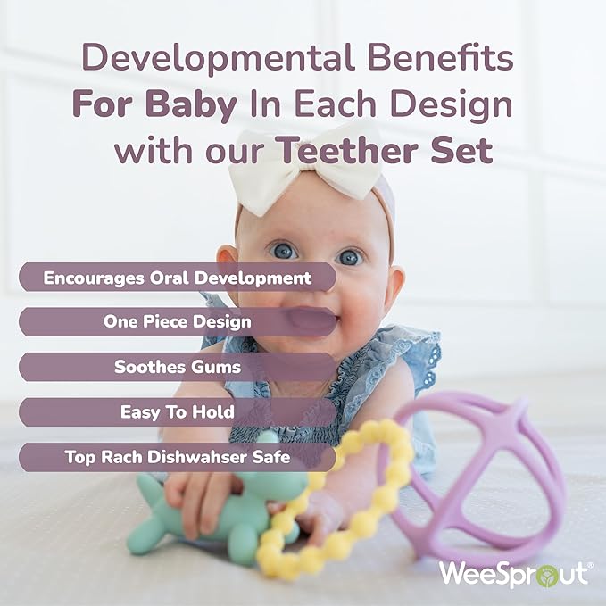 WeeSprout Silicone Baby Teether Toys for Infant Babies and Toddlers, Cute Ring, Puppy Dog, and Ball, Soft and Flexible, BPA Free, Boys and Girls (Matte Green, Pink & Off White)