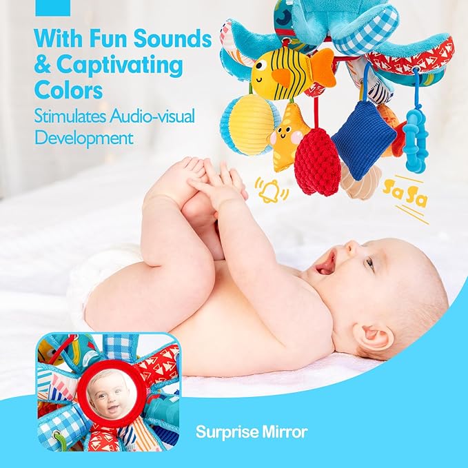 hahaland Baby Toys 0-6 Months - Car Seat Toys Octopus Toy with Pulling Cords, Squeaky, Crinkle, Rattle, Mirror, Montessori Newborn Sensory 4 Month Babies Gift Stroller Carseat Hanging Toy for Baby Gym