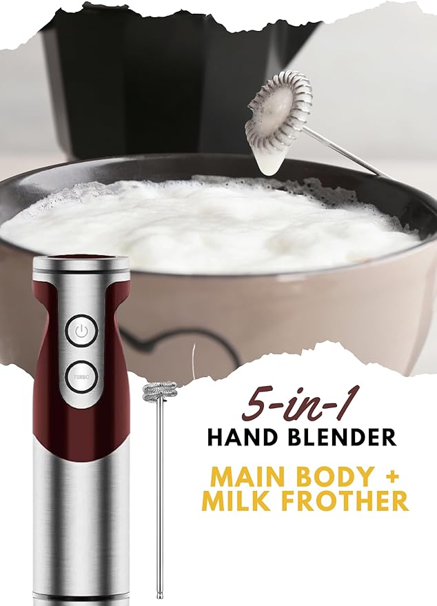 MegaWise Pro Titanium Reinforced 5 in1 Immersion Hand Blender, Powerful with 80% Sharper Blades, 12 Speed Corded Blender, Including 500ml Chopper, 600ml Beaker, Whisk and Milk Frother