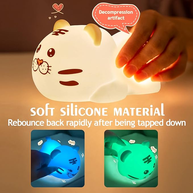 QANYI Christmas Gift Tiger Lamp, Silicone Color Changing Tiger Desk Nightlight, Rechargeable Nursery Table Lamp with Timer and Remote Control, Gift for Toddler Baby Girls Boys Children Bedroom