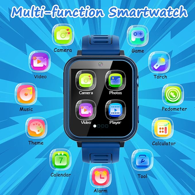 Kids Smart Game Watch with 24 Games HD Touch Screen Video Camera Music Player Pedometer Flashlight Alarm Clock 12/24 hr, Gifts for 5-12 Year Olds Boys