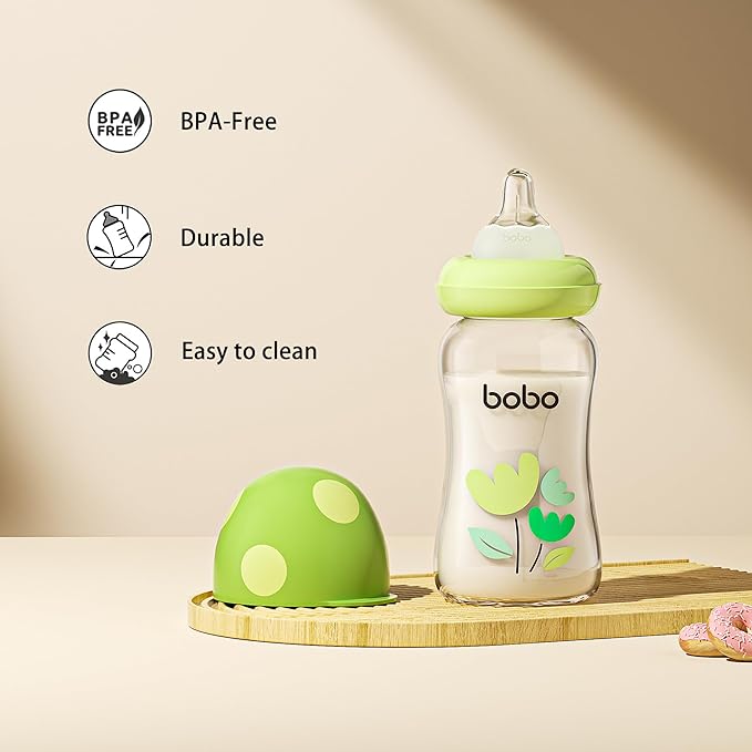 YOHKOH Natural Glass Baby Bottle with Natural Response Nipple, Newborn Anti-Colic Baby Bottles, Wide Neck Mushroom Cap Baby Bottle, Clear (Green, (5.4oz (Pack of 2))