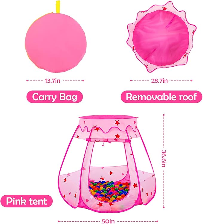 Baby Ball Pit for Toddler with 50 Balls, Kids Pop Up Play Tent for Girls, Princess Toys for Children Indoor & Outdoor Playhouse with Carry Bag